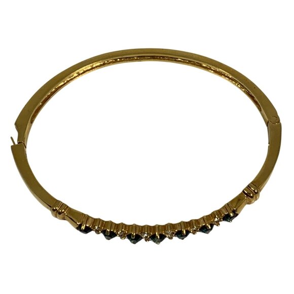 Elegant Gold-Plated Hinged Bangle Bracelet With Blue + Clear Gemstones - Picture 5 of 6